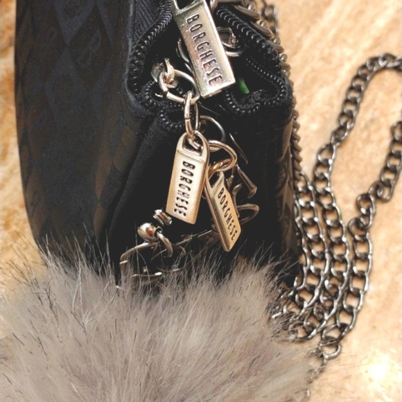 BORGHESE ROMA Crossbody Satin GEO w Shoulder Strap Chain & Faux Fur Pom Charm - Picture 6 of 14